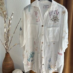 Johnny Was White Embroidered Button Down Shirt